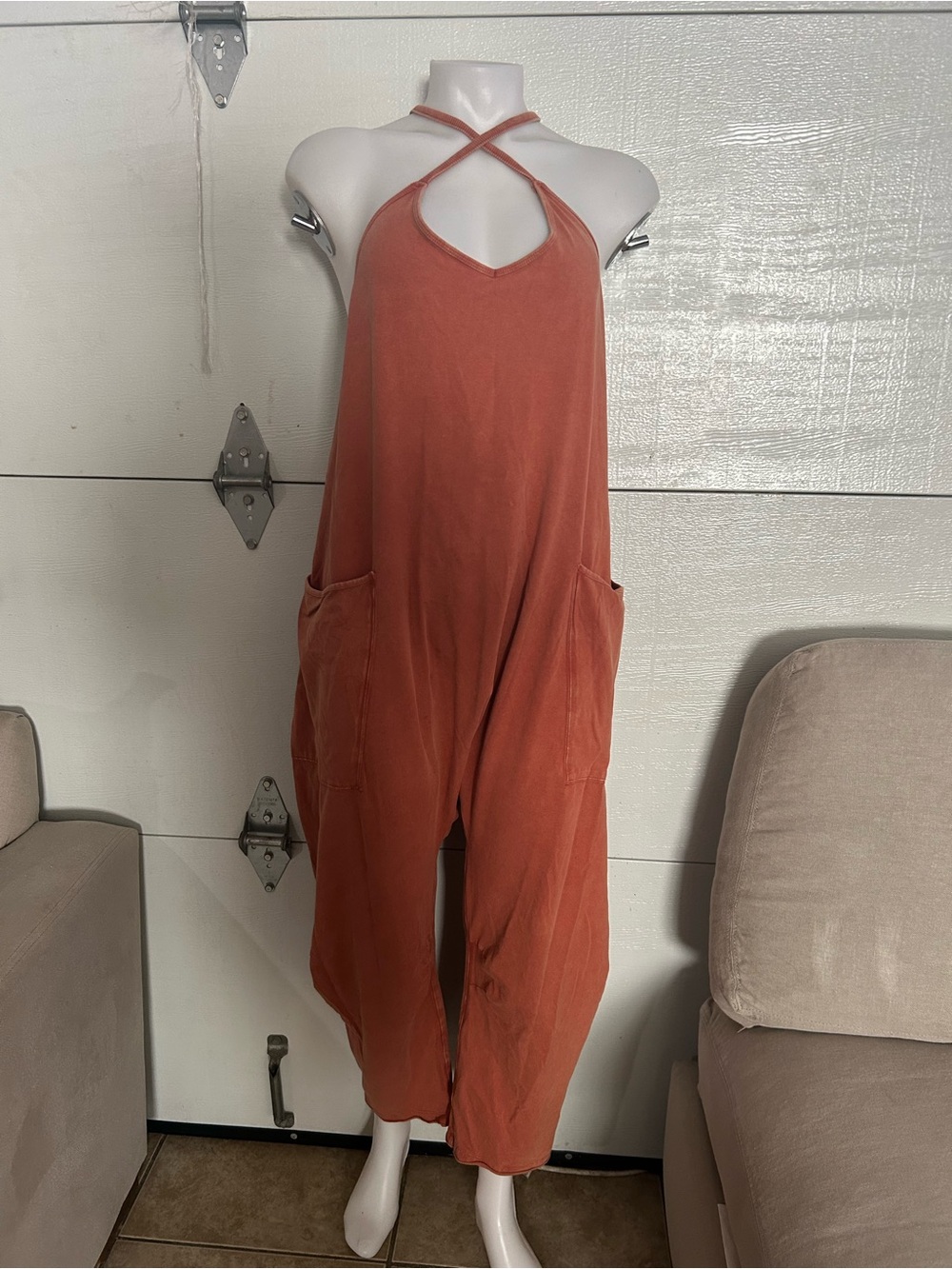 Free People Rust Cross-Neck Wide-Leg Jumpsuit